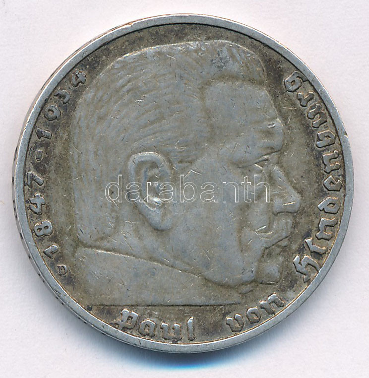 Német Harmadik Birodalom 1935D 5M Ag 'Hindenburg' T:2- patina German Third Reich 1935D 5 Reichsmark Ag 'Hindenburg' C:VF patina Krause KM# 86