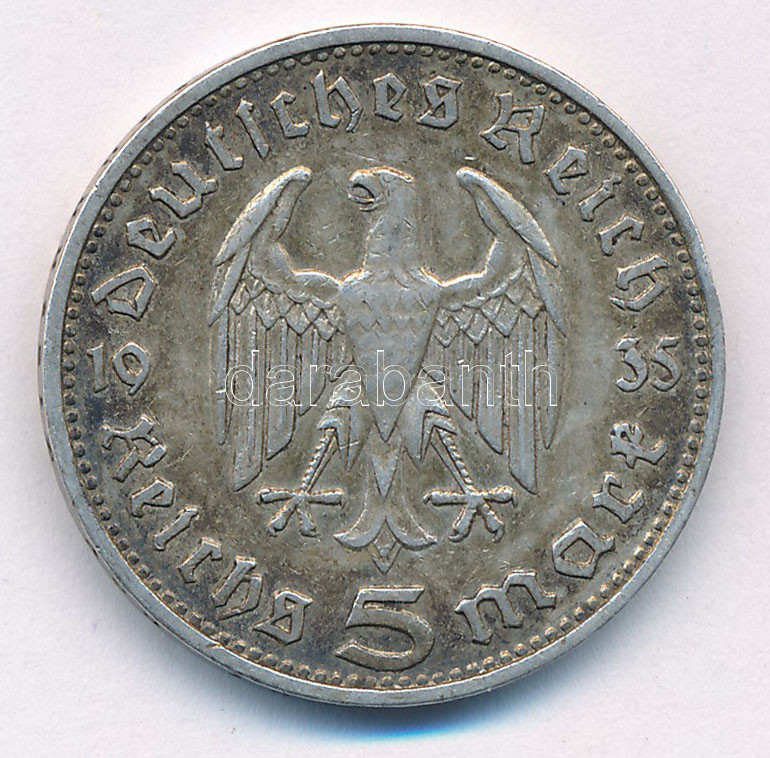 Német Harmadik Birodalom 1935D 5M Ag 'Hindenburg' T:2- patina German Third Reich 1935D 5 Reichsmark Ag 'Hindenburg' C:VF patina Krause KM# 86 - Image 2