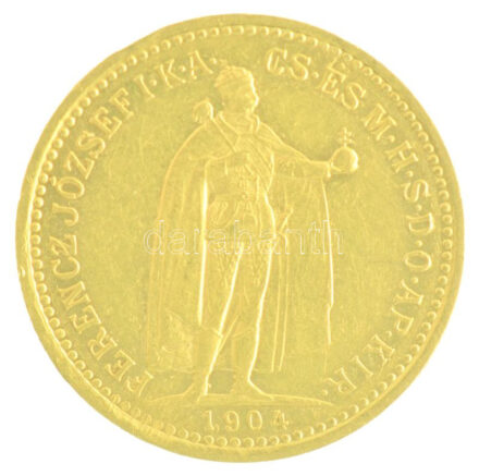 1904KB 10K Au 'Ferenc József' Körmöcbánya (3,39g/0.900) T:1-,2 Hungary 1904KB 10 Korona Au 'Franz Joseph' Kremnitz (3,39g/0.900) C:AU,XF Adamo K8