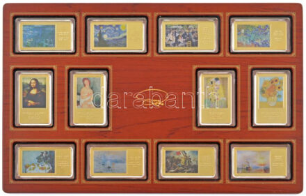 2016-2018. 'A világ leghíresebb festményei' aranyozott, multicolor Cu emlékérmek (12xklf) eredeti, fa éremtartó konzolban, a hozzájuk tartozó tanúsítványokkal (érem:60x35mm/db, keret:230x340mm) T:PP