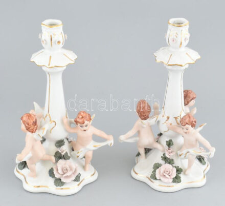 2 db Alba Iulia Gyulafehérvári porcelán angyalos gyertyatartó párban. Kézzel festett, jelzett, apró lepattanással 26 cm
