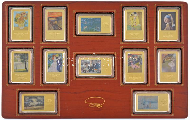 2016-2018. 'A világ leghíresebb festményei' aranyozott, multicolor Cu emlékérmek (12xklf) eredeti, fa éremtartó konzolban, 9db tanúsítvánnyal (érem:60x35mm/db, keret:230x340mm) T:PP