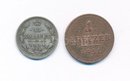 Orosz Birodalom 1912. 15k Ag + Ausztria 1851B Cu 1Kr T:2,2- patina, korrózió Russian Empire 1912. 15 Kopeks Ag + Austria 1851B Cu 1 Kreuzer C:XF,VF patina, corrosion