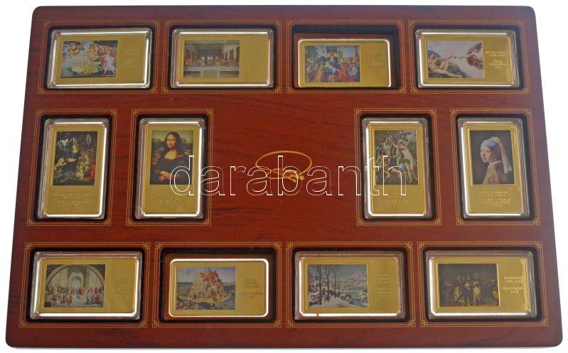2016-2018. 'A világ leghíresebb festményei' aranyozott, multicolor Cu emlékérmek (12xklf) eredeti, fa éremtartó konzolban, 11db tanúsítvánnyal (érem:60x35mm/db, keret:230x340mm) T:PP közte ujjlenyomat, 2db érem kapszula nélkül