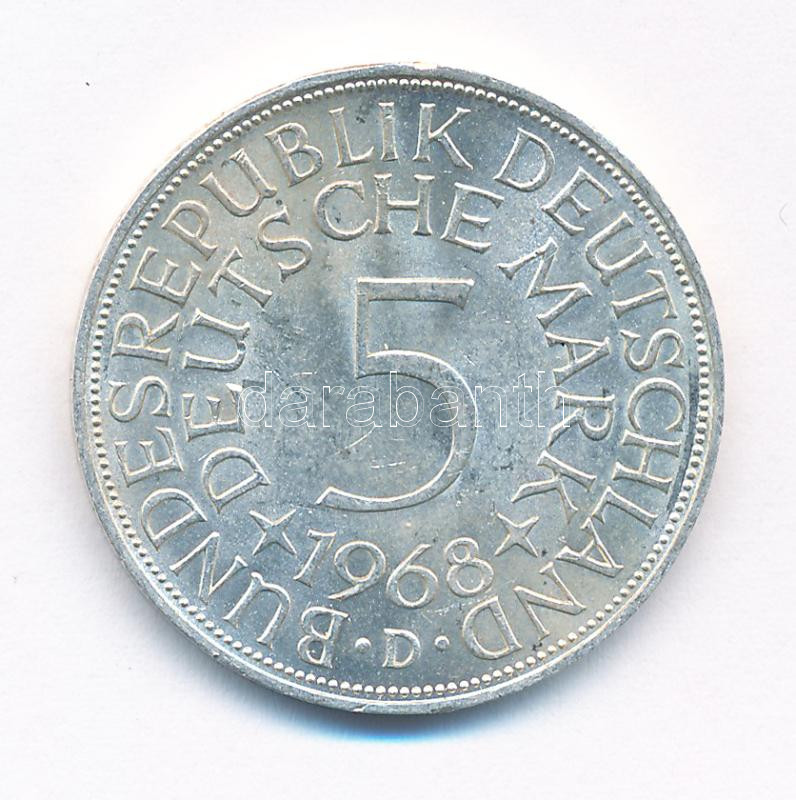 Német Szövetségi Köztársaság 1968D 5M Ag T:1- patina Federal Republic Germany 1968D 5 Mark Ag C:AU patina Krause KM#112.1