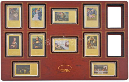 2016-2018. 'A világ leghíresebb festményei' aranyozott, multicolor Cu emlékérmek (10xklf) eredeti, fa éremtartó konzolban, 8db tanúsítvánnyal (érem:60x35mm/db, keret:230x340mm) T:PP