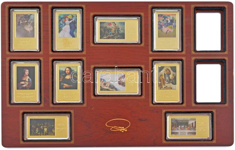 2016-2018. 'A világ leghíresebb festményei' aranyozott, multicolor Cu emlékérmek (10xklf) eredeti, fa éremtartó konzolban, 8db tanúsítvánnyal (érem:60x35mm/db, keret:230x340mm) T:PP