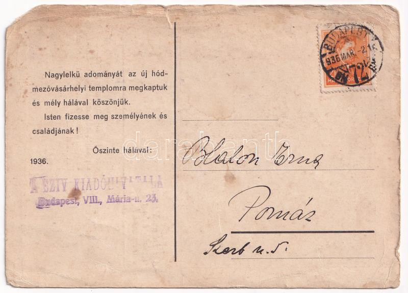 1936 Hódmezővásárhely, Felépítendő Szent István templom (b) - Image 2