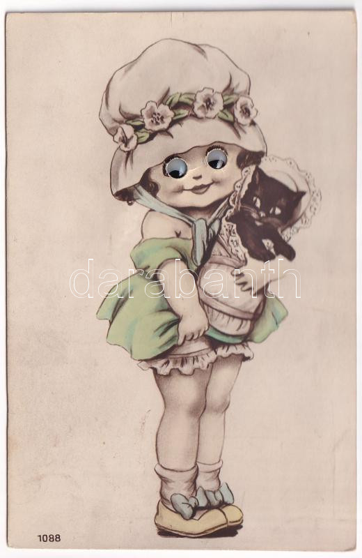 Girl with cat. Mechanical card with moving eyes