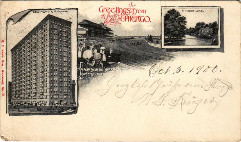 1900 Chicago (Illinois), Monadnock Building, Washington Park Racecourse, horse race, Mirror Lake. E. C. Kropp Art Nouveau (Rb)