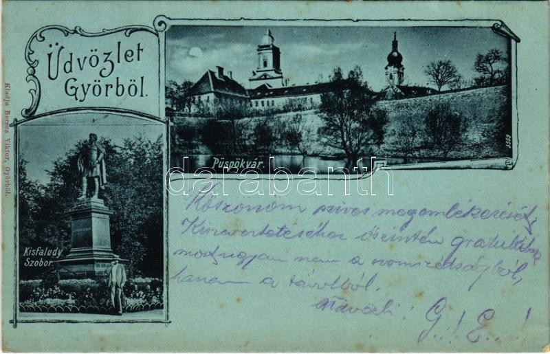 1899 (Vorläufer) Győr, Kisfaludy szobor, Püspökvár. Berecz Viktor kiadása. Art Nouveau (fl)