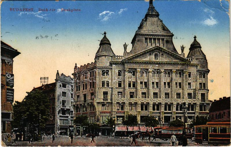 1915 Budapest V. Deák tér, villamosok, Anker palota, gyógyszertár + 'K.u.K. Garnisons-Spital No. 16. in Budapest XII. Krank. Abt.' (EK)