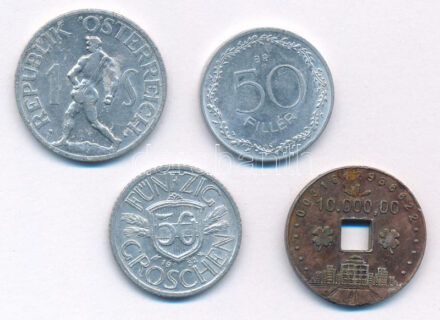 Ausztria 1947. 1Sch Al + 1952. 50g Al + Magyarország 1965. 50f Al + DN '10.000.000' zseton T:2,2- Austria 1947. ' Schilling Al + 1952. 50 Groschen Al + Hungary 1965. 50 Fillér Al + ND '10.000.000' token C:XF,VF