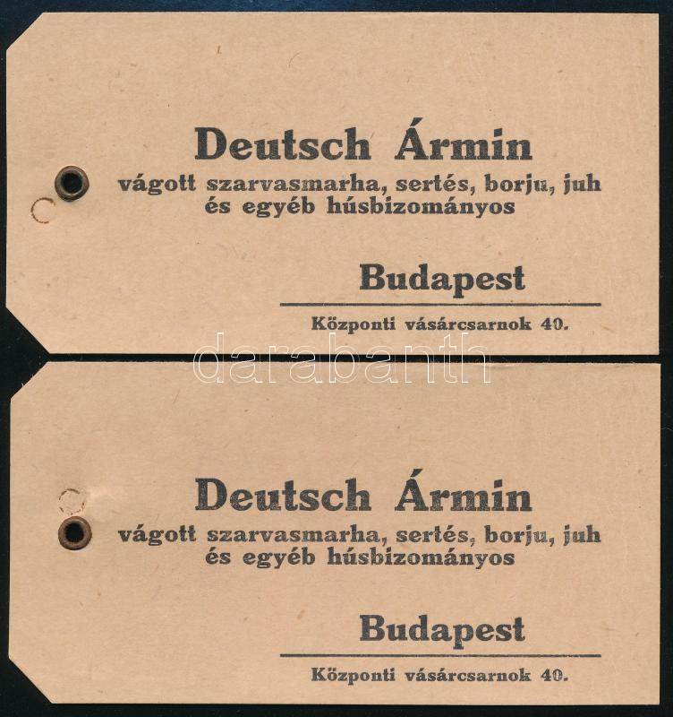 cca 1920-30 2 db Deutsch Ármin húsbizományos, Bp., Központi Vásárcsarnok reklámkártya, 5,5x11 cm