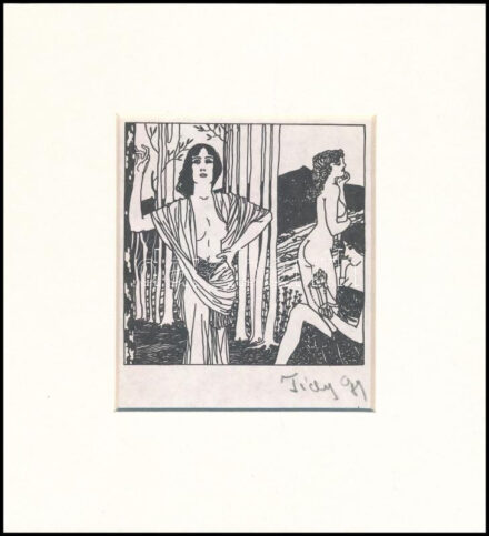 Tichy Gyula (1879-1920): Erdei nimfák, nyomat utólagos jelzéssel, paszpartuban, 10×9 cm