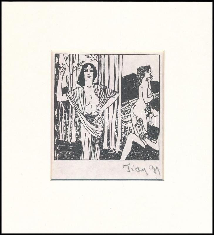 Tichy Gyula (1879-1920): Erdei nimfák, nyomat utólagos jelzéssel, paszpartuban, 10×9 cm