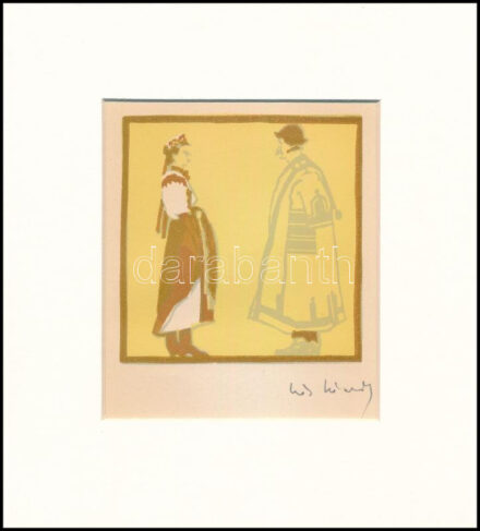 Kós Károly (1883-1977): Népviseletben. Linómetszet, papír, utólagos jelzéssel, 10,5×10,5 cm