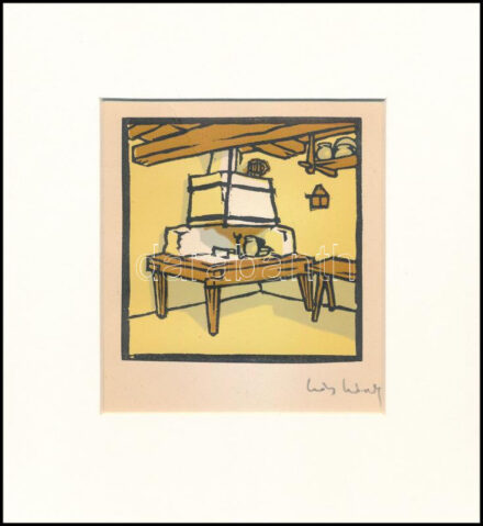 Kós Károly (1883-1977): Házbelső. Linómetszet, papír, utólagos jelzéssel, 10,5×10,5 cm