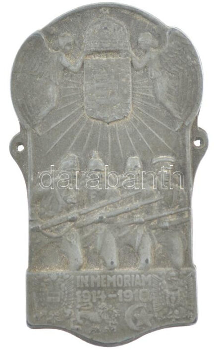 Osztrák-Magyar Monarchia ~1917-1918. 'In memoriam 1914-1917' felvarrható Zn sapkajelvény (65x37mm) T:1- patina Austro-Hungarian Monarchy ~1917-1918. 'In memoriam 1914-1917' sew-on Zn cap badge (65x37mm) C:AU patina