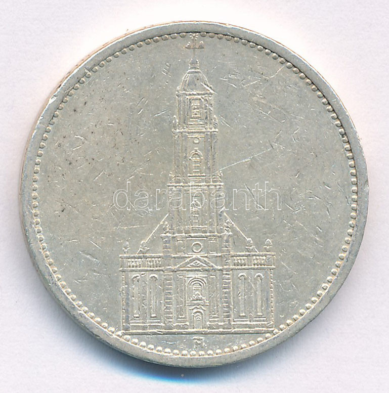 Német Harmadik Birodalom 1934A 5M Ag 'Garnisonkirche' T:2,2- ph. German Third Reich 1934A 5 Reichsmark Ag 'Garnisonkirche' C:XF,VF edge error Krause KM#83