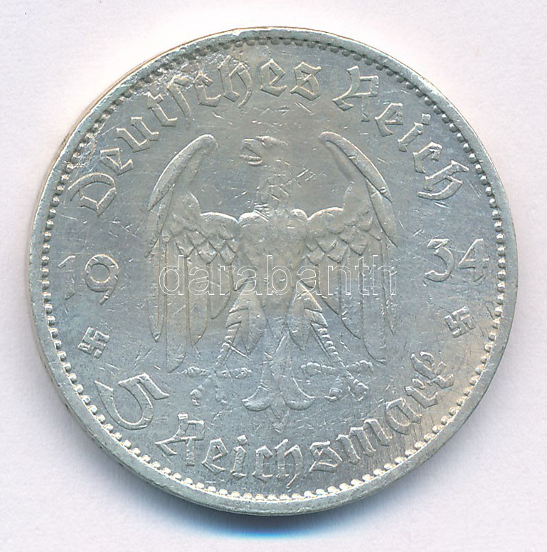 Német Harmadik Birodalom 1934A 5M Ag 'Garnisonkirche' T:2,2- ph. German Third Reich 1934A 5 Reichsmark Ag 'Garnisonkirche' C:XF,VF edge error Krause KM#83 - Image 2