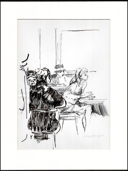 Czene jelzéssel: Kávézóban. Tus, papír, paszpartuban, 29×21 cm