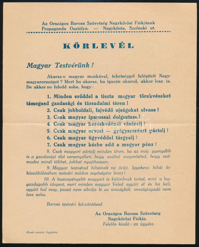 cca 1930 Országos Baross Szövetség fajvédő szórólap