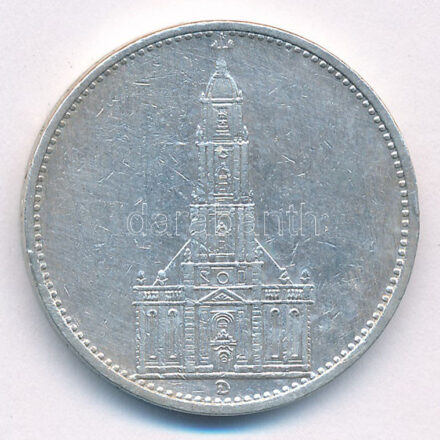 Német Harmadik Birodalom 1934D 5M Ag 'Garnisonkirche' T:2,2- kis ph. German Third Reich 1934D 5 Reichsmark Ag 'Garnisonkirche' C:XF,VF small edge error Krause KM#83