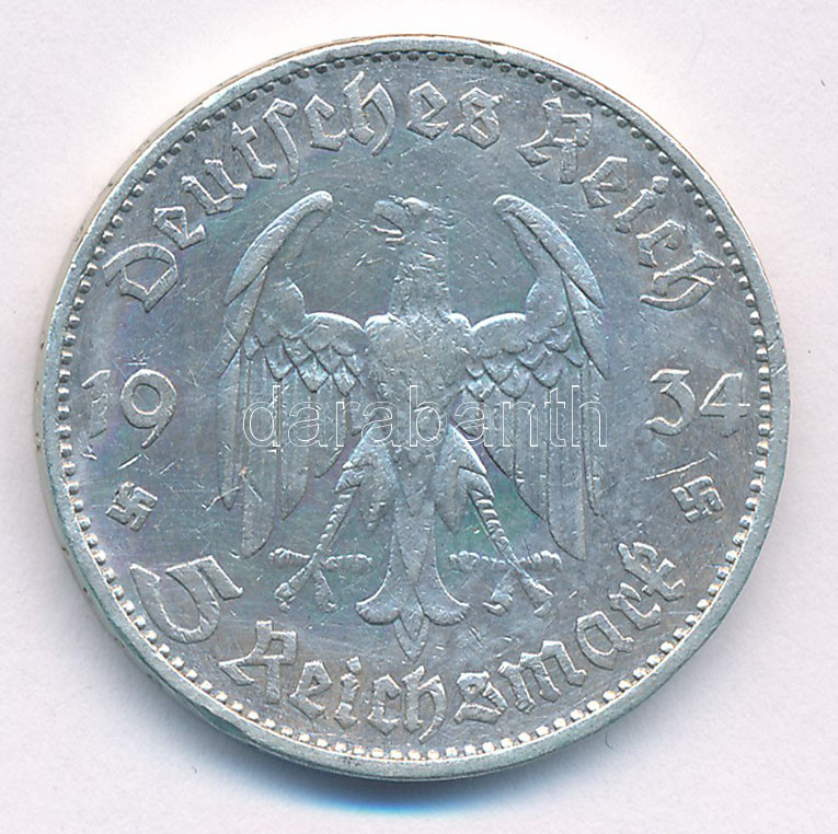 Német Harmadik Birodalom 1934D 5M Ag 'Garnisonkirche' T:2,2- kis ph. German Third Reich 1934D 5 Reichsmark Ag 'Garnisonkirche' C:XF,VF small edge error Krause KM#83 - Image 2