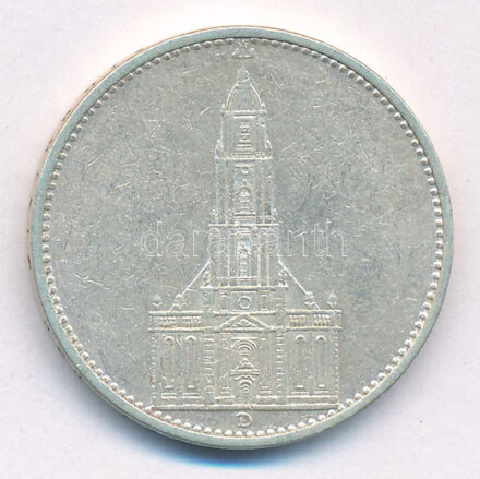 Német Harmadik Birodalom 1934D 5M Ag 'Garnisonkirche' T:2,2- kis ph. German Third Reich 1934D 5 Reichsmark Ag 'Garnisonkirche' C:XF,VF small edge error Krause KM#83