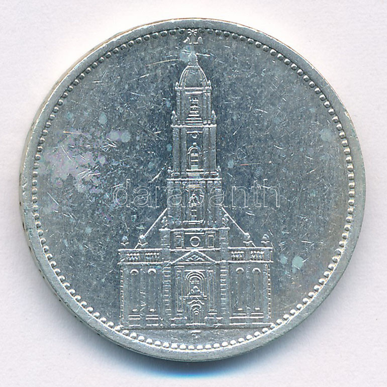 Német Harmadik Birodalom 1934F 5M Ag 'Garnisonkirche' T:2,2- ph. German Third Reich 1934F 5 Reichsmark Ag 'Garnisonkirche' C:XF,VF edge error Krause KM#83