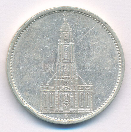 Német Harmadik Birodalom 1934F 5M Ag 'Garnisonkirche' T:2,2- ph. German Third Reich 1934F 5 Reichsmark Ag 'Garnisonkirche' C:XF,VF edge error Krause KM#83