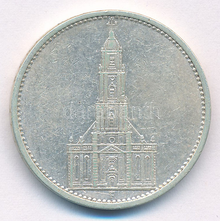 Német Harmadik Birodalom 1934F 5M Ag 'Garnisonkirche' T:2,2- ph. German Third Reich 1934F 5 Reichsmark Ag 'Garnisonkirche' C:XF,VF edge error Krause KM#83