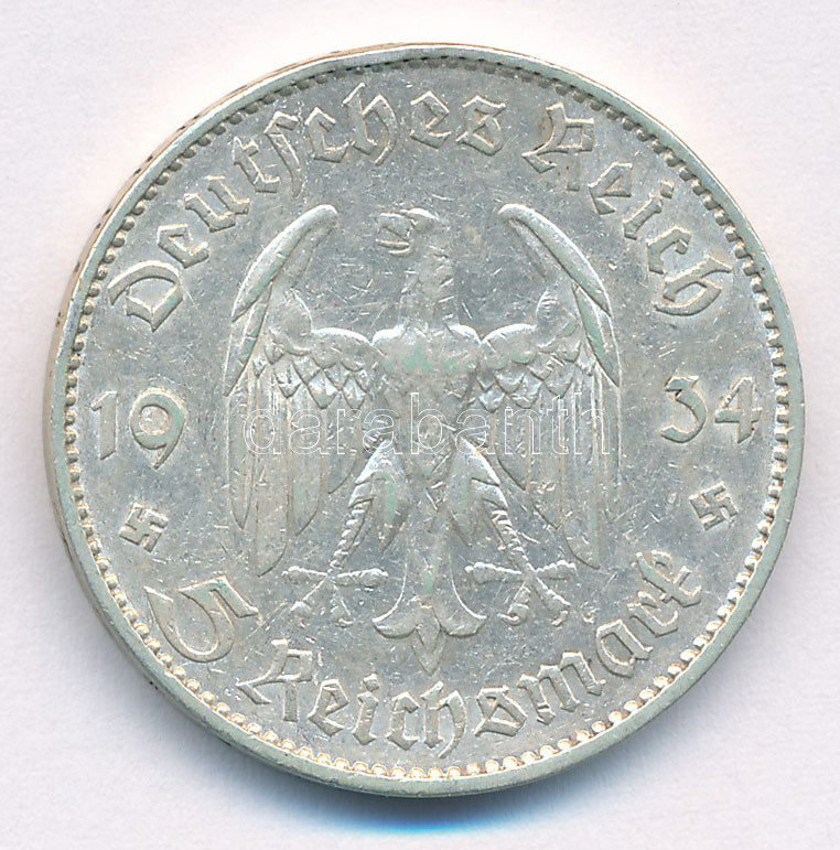 Német Harmadik Birodalom 1934F 5M Ag 'Garnisonkirche' T:2,2- ph. German Third Reich 1934F 5 Reichsmark Ag 'Garnisonkirche' C:XF,VF edge error Krause KM#83 - Image 2