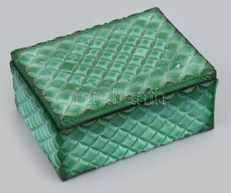 Cseh malachit üveg ékszertartó doboz, 1930 körül, jelzés nélkül, 12x9x5,5 cm