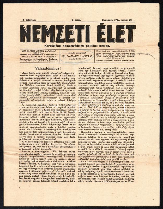 1922 A Nemzeti élet c. keresztény nemzetvédelmi lap 4. száma