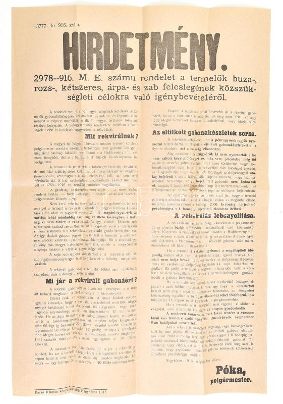 1916 Hirdetmény rekvirálásról 30x47 cm