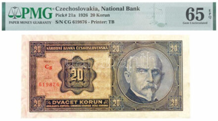 Csehszlovákia 1926. 20K 'Cg 619876' eredeti PMG tokban T:65 (I-) Czechoslovakia 1926. 20 Korun 'Cg 619876' in original PMG case C:65 (AU) Krause P#21