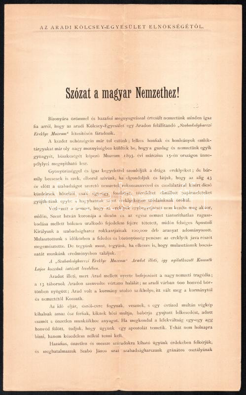 1892 Az aradi Kölcsey Egyesület alapszabályai 4p.