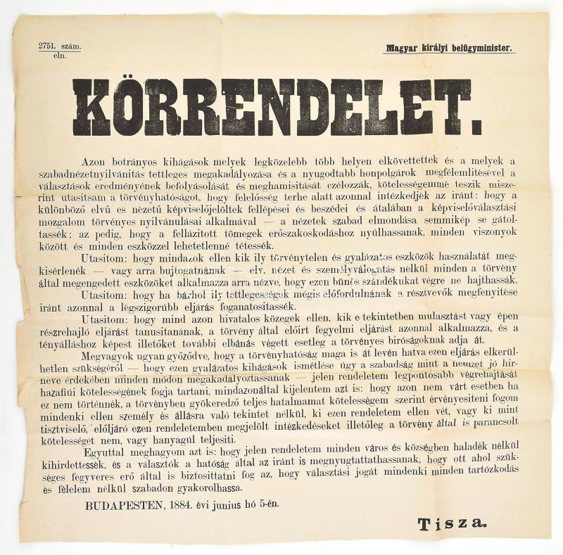 1884 Választási eljárás megsértése miatti cselekmények büntetéséről szóló hirdetmény 64X48 cm