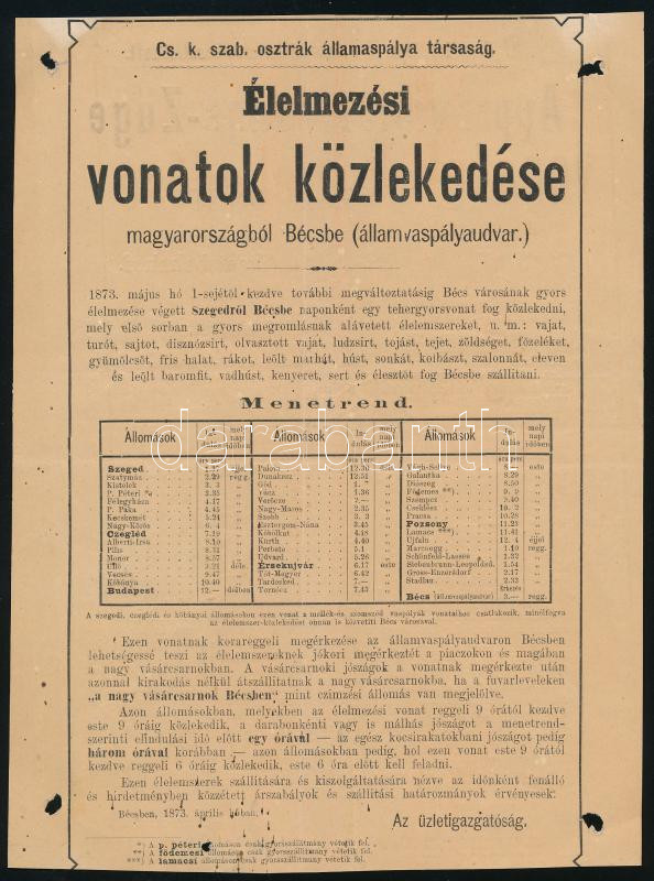 1873 Élelmezési vonatok közlekedése menetrend kivágás