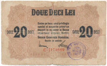 Románia / Német megszállás DN (1917) 20L 'C 7179889' T:III- Romania / German Occupation ND (1917) 20 Lei 'C 7179889' C:VG Krause P#M6
