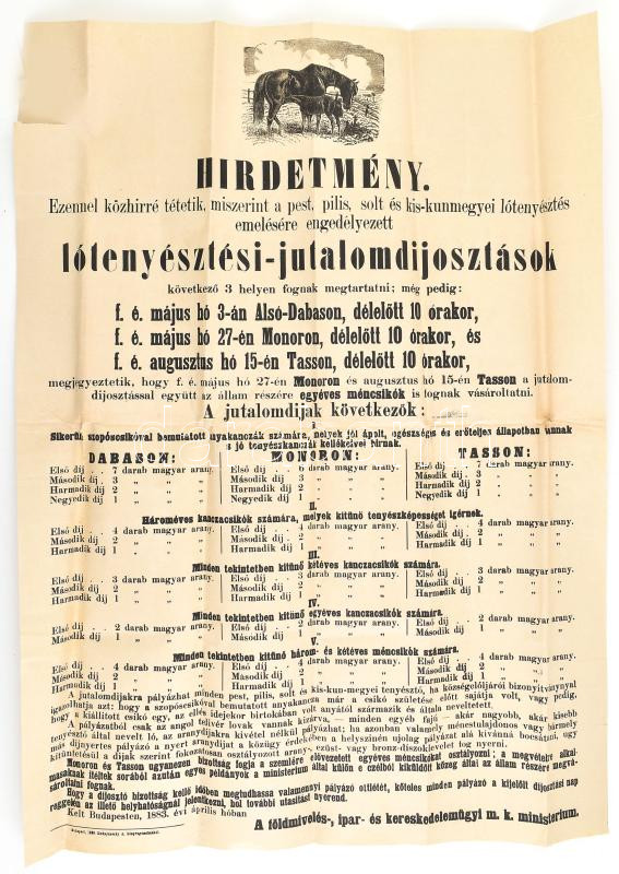 1883 Lótenyésztési jutalomdíjosztás MOnor, Dabas, Tass plakát 50x70 cm