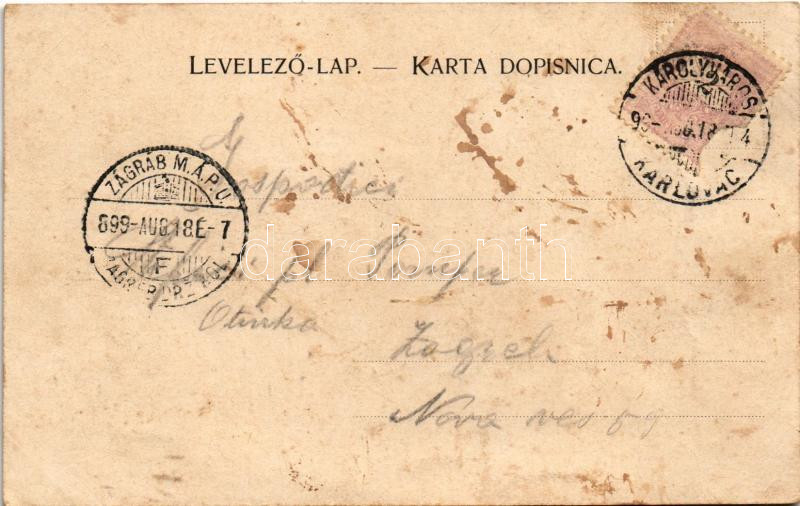 1899 (Vorläufer) Károlyváros, Karlovac; Pogled na Baniju / híd / bridge, general view + kétnyelvű bélyegző / bilingual cancellation (fl) - Image 2