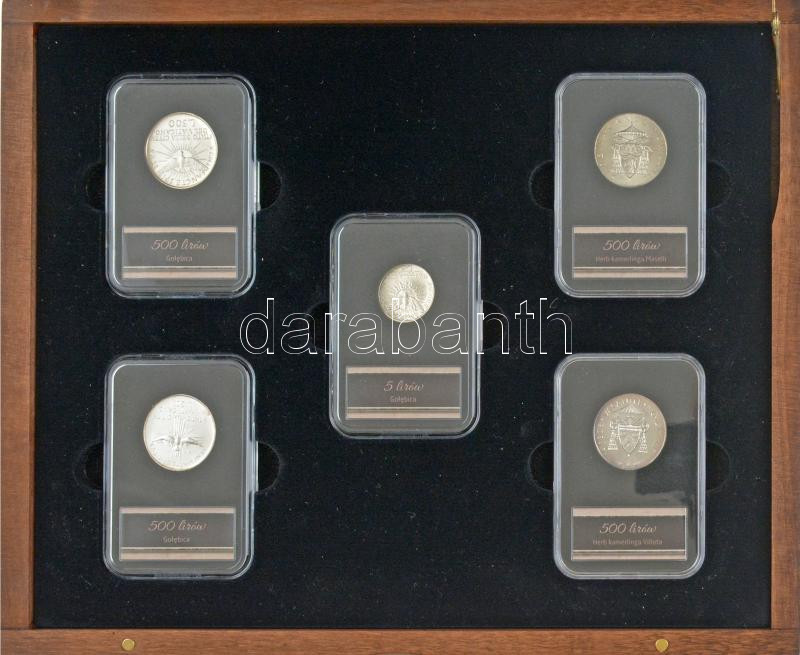 Vatikán 1939. 5L Ag 'Sede Vacante' + 1958. 500L Ag 'Sede Vacante' + 1963. 500L Ag 'Sede Vacante' + 1978. 500L Ag 'Sede Vacante' (2xklf) mind kapszulában, fa dísztokban, tanúsítvánnyal T:1,1- Vatican 1939. 5 Lire Ag 'Sede Vacante' + 1958. 500