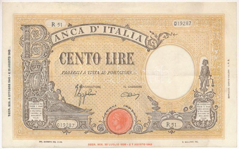 Olaszország 1943.10.08. 100L 'R51 019287' T:III Italy 08.10.1943. 100 Lire 'R51 0192787' C:F Krause P#67