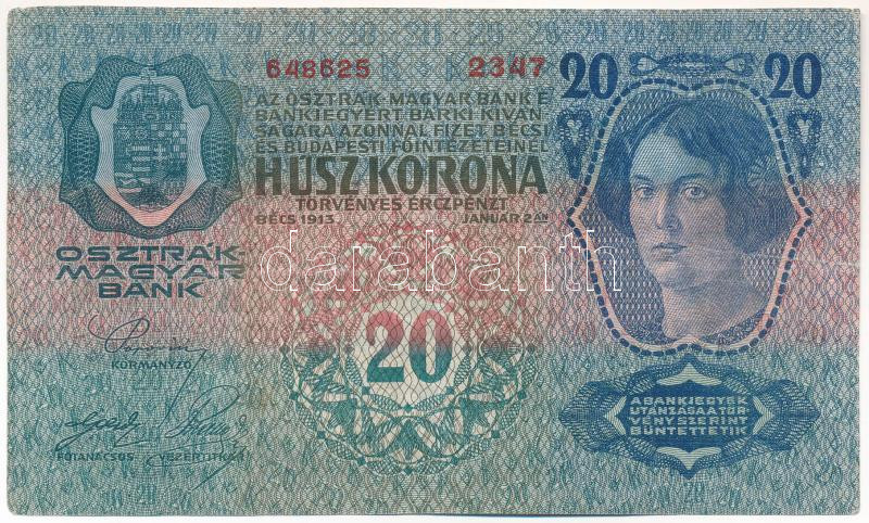 1913. 20K felülbélyegzés nélkül 'II. kiadás' T:III Adamo K17