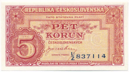 Csehszlovákia 1945. 5K 'U/Z 837114' T:I Czechoslovakia 1945. 5 Korun 'U/Z 837114' C:UNC Krause P#59