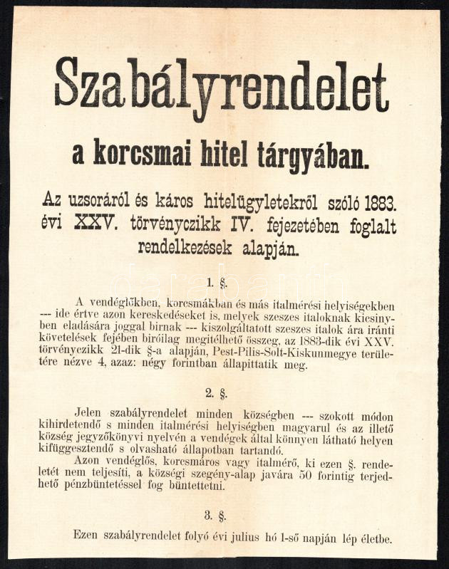 1884 Szabályrendelet a korcsmai hitel tárgyában falragasz 22x28 cm