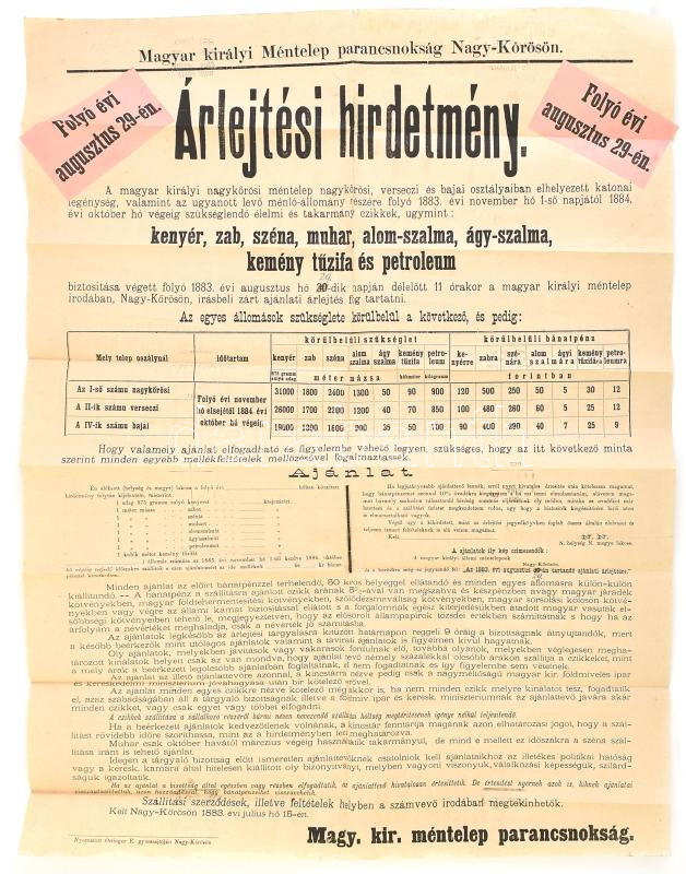 1883 Királyi méntelep Nagykőrös árlejtési hirdemény 60x50 cm Hatjva